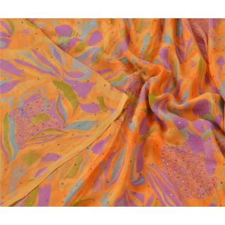 Sanskriti Vintage Orange Saree Pure Silk Printed Sari Craft Decor 5yd Fabric
