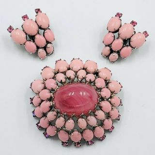 Vtg Unsigned Schreiner Shades Of Pink High Domed Brooch Clip Earrings Set