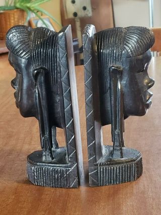 Pair Vintage Hand Carved Ebony Wood African Tribal Head Book Ends