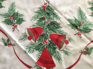 Vintage Christmas Tablecloth Candles Poinsettia Holly Bells Red Evc