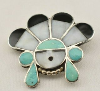 Vintage Native American Zuni Sterling Silver Multi Stone Inlay Sunface Pin