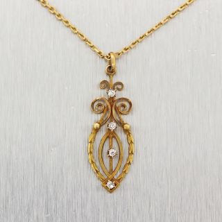 1915 Antique Art Nouveau 14k Yellow Gold Diamond Pendant 16 " Necklace