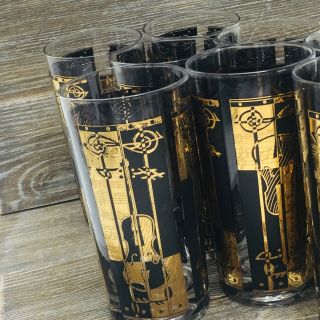 Set Of 8 Georges Briard 22k Gold & Black Highball Glasses Rare Musical Pattern