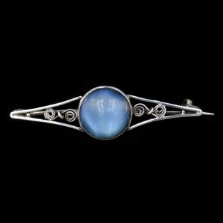 Antique Arts And Crafts Movement Moonstone Sterling Silver Bar Brooch Pin C.  1900