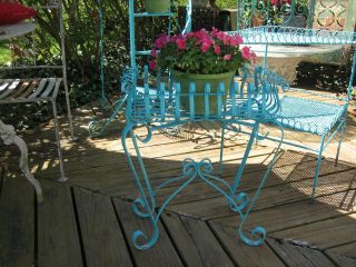 Vintage Turquoise Scrolly Iron Plant Holder