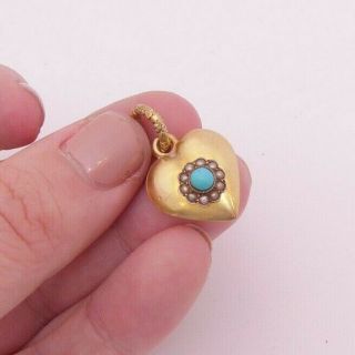 15ct Gold Seed Pearl Turquoise Heart Pendant,  Georgian