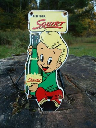 1953 Drink Squirt Porcelain Gas Station Door Sign Soda Pop