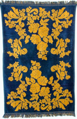 Mid Century Sculpted Terry Cloth Bath Towel Navy Blue And Gold Floral Vintage
