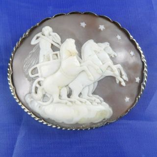 Signed Antique Large Silver & Carved Shell Cameo Brooch Eos Apollo Chariot Stars