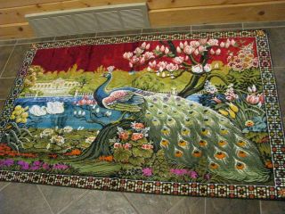 Peacock Velvet Tapestry Rug Wall Hanging Floral Swans Trees Red Blue - 60 X 38