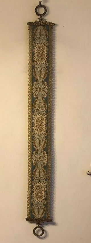 Vintage Corona Decor Ornate Gold Tapestry Wall Hanging Brass Ends Floral 55”