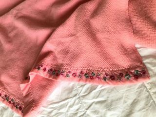 Vtg Sears Pink Acrylic Thermal Blanket Satin Edge Embroidered Flower Top 86x71