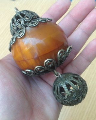 Vintage Antique Huge Amber Bakelite Catalin Bead Pendant Filigree Teste Necklace