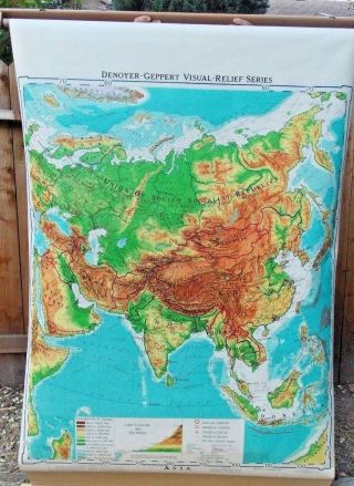 Asia Ussr Russia Visual Relief Map Roll Up School Denoyer - Geppert 1960 60
