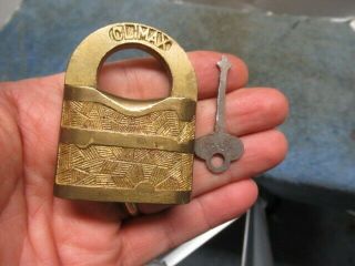 Ornate Old Brass Padlock Lock Climax With A Key.  N/r