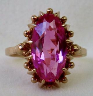 Antique Early Soviet Russian 4 Ct Marquise Cut Pink Sapphire 14k Rose Gold Ring