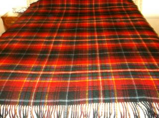 Vintage Heavy Wool Blanket Red Blue Green Plaid Reverse To Solid Blue 78 " X 62 "