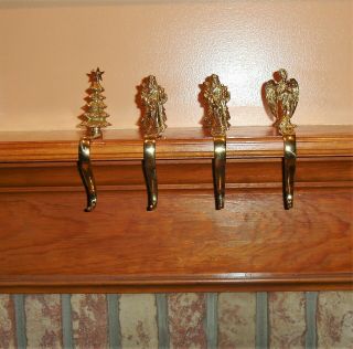 4 - Vintage Heavy Polished Brass Christmas Stocking Holders Angel,  Tree,  2 Santas