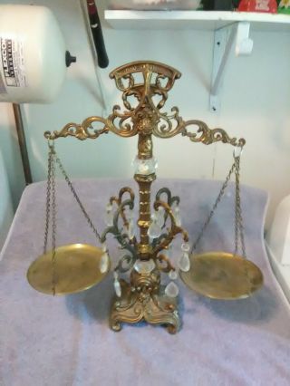 Antique 20 Inch Tall Ornate Brass Balance Scale,  With Glass Prisms
