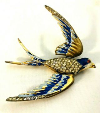 Vintage Unmkd Coro Trembler Winged Enameled & Rhinestone Swallow Bird Brooch