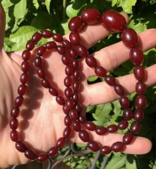 Antique Cherry Amber Bakelite Faturan Barrel Shaped Bead Necklace 38g - 29 "
