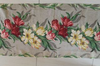 Vintage 1940s Bark Cloth Curtain Panels Floral Tulips