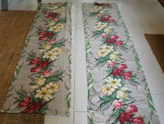 Vintage 1940s Bark Cloth Curtain Panels Floral Tulips 2