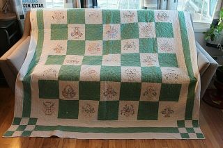 Vtg Cotton W Cotton Batting Hand Quilted Embroidered Flower Basket Quilt 75x76