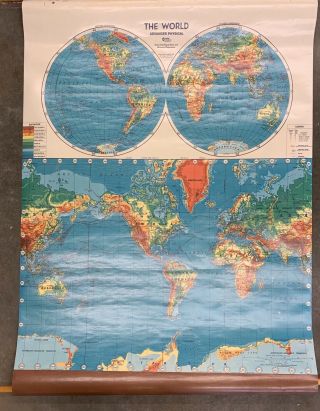 Vtg Weber Costello World Map Canvas Wall Home School Contour Relief Map