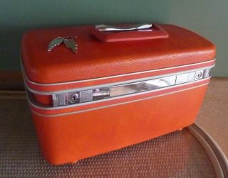 Vintage 70s Samsonite Train Case Mid Century Orange With Mirror Tray & 2 Keys