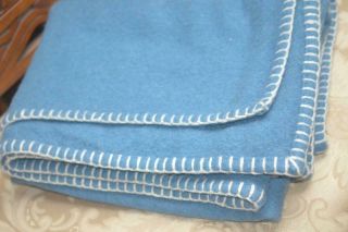Vintage Handmade Medium Blue All 100 Wool Blanket Throw 60 " X 46 " Whip Stitched