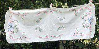 Vtg Embroidered Dresser Scarf Table Runner Bluebird Pink Flower Ribbons 15 X 42