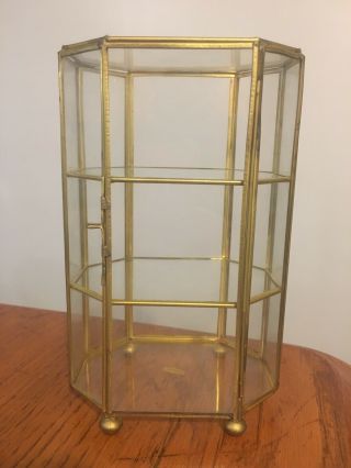 Vtg Brass & Clear Glass Octagon Display Curio Case Cabinet For Miniatures