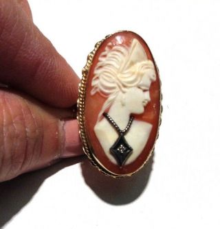 Vintage 14k Yellow Gold Cameo Ring With Diamond Size 9