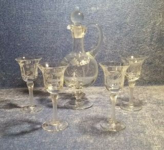 Vintage 6 Piece Set: Clear Glass Decanter With Handle & 4 Cordial Glasses