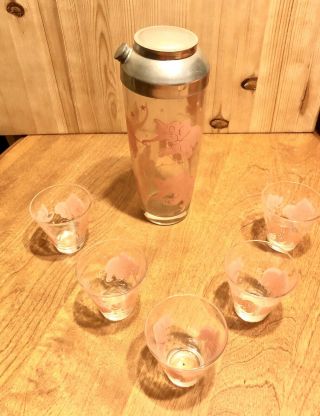 Vintage 1950’s Pink Elephant Martini Shaker & 5 Glass Bar Ware Set RARE ITEM 2