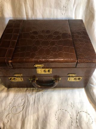 Large Vintage Crocodile Leather Brown Travel Case Make Up Jewelry Lingerie