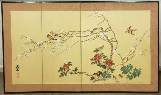 Vintage Japanese Byōbu Hand Painted 4 Panel Screen Sparrows Cherry Blossoms