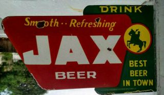 Drink Jax Beer Porcelain Enamel Sign 18x11x1.  5 Inches Flange Double Sided