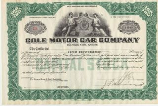 Cole Motor Car Company Stock Certificate Signed J.  J.  Cole 1920 