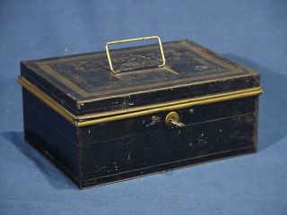 Antique Bank Enamel Metal Box Vtg Black Tin Cash Deed Strong Tole Old Lock - Key