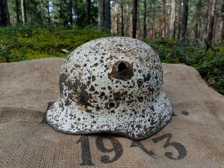 Ww2 German M40 Winter Camo Helmet Battle Damamged Relic From Kurland