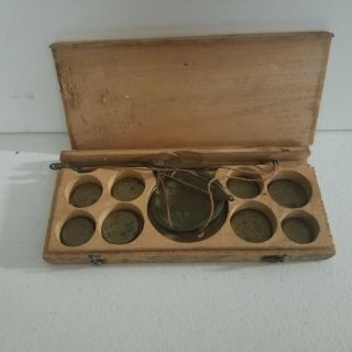 Antique 18th Century Hand - Held Coin Scale,  Set Of Brass Weights In A Wooden Box