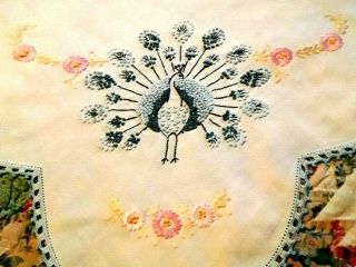 Gorgeous Vintage Cotton Linen Hand Embroidered Tablecloth Peacocks 52 " Square