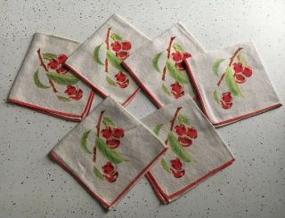 6 Vintage Linen Red Cherry Cherries Cloth Napkins Red White 13 " Square