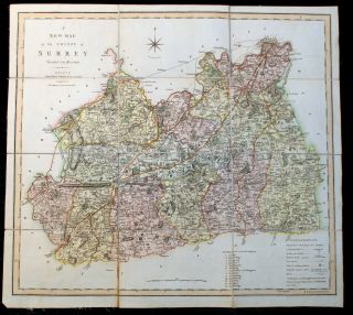 Georgian Antique Map Of Surrey By C Smith,  1804 With Slip Case