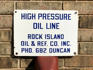 Vintage.  Rock Island.  Duncan,  Oklahoma Pipe Line.  Porcelain Oil Well Lease Sign