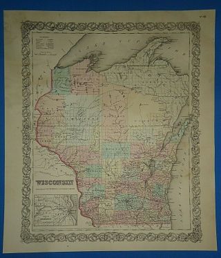 Vintage 1856 Wisconsin Map Old Antique Colton 