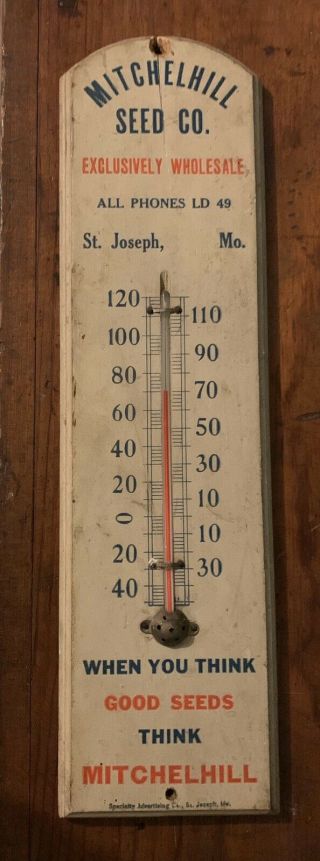 Old Antique Wood Thermometer Mitchelhill Seed Co Advertising Sign St Joseph Mo
