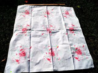 Vintage 100 Cotton Tablecloth,  White With Pink Flowers,  48 X 50